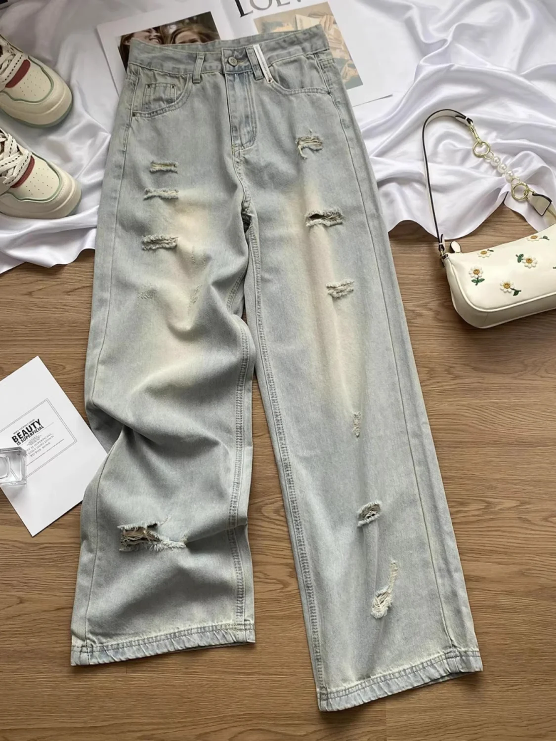 

Американские винтажные мужские джинсы, лето 2025, новинка, тренд High Street, свободные прямые брюки с эффектом потертости и деструктивной обработкой