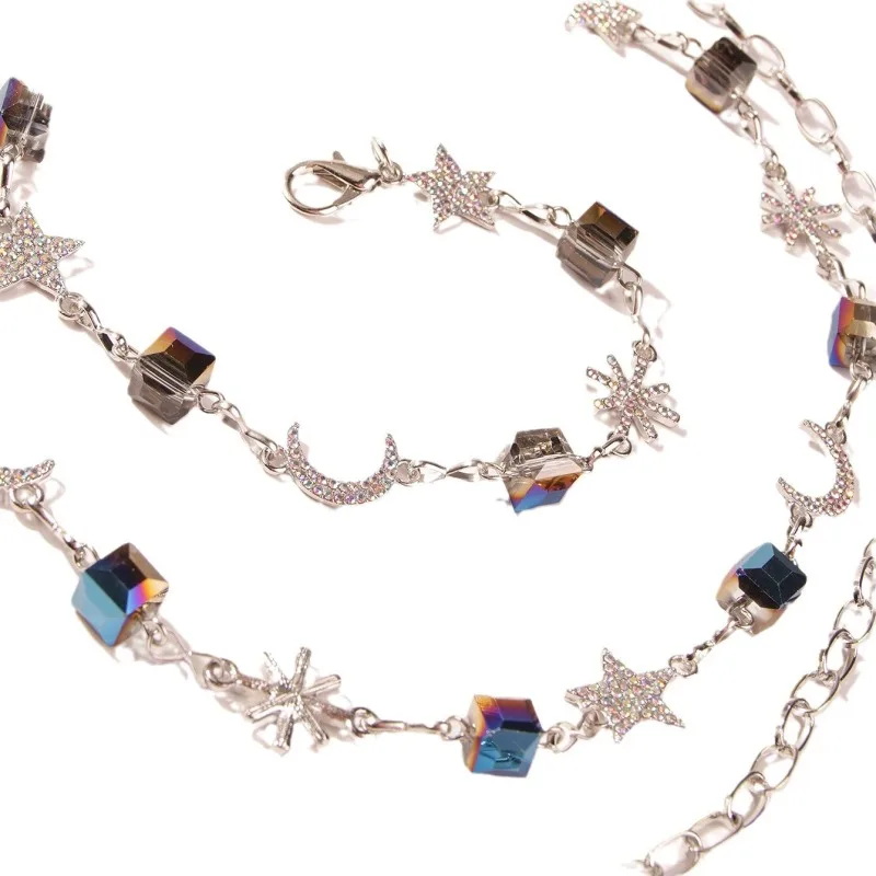 سلسلة خصر نسائية مزينة بالكريستال على شكل نجمة وقمر، مزينة بأحجار الراين والمعدن الأنيق