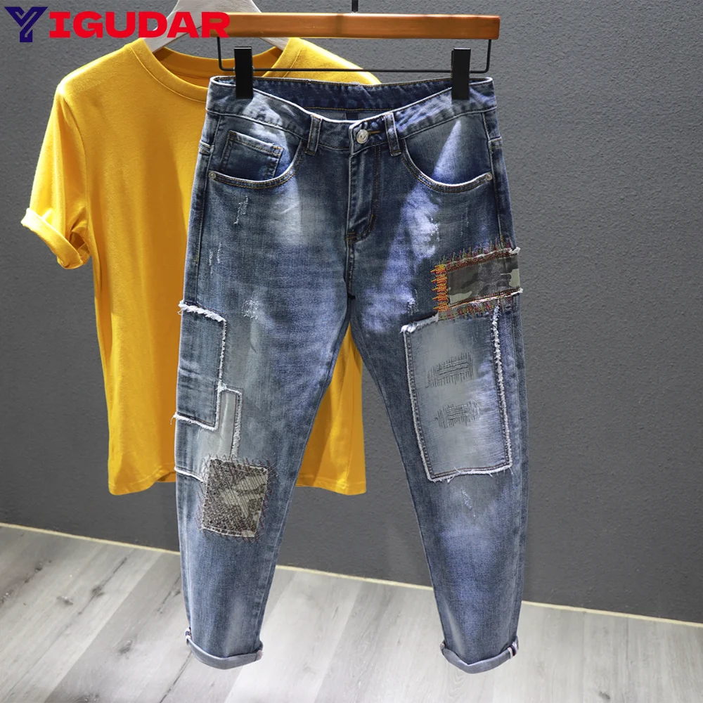 

Autumn fashion new handsome personality retro patchwork jeans men's old patch holes Ripped jeans pants cargo pantalones hombre