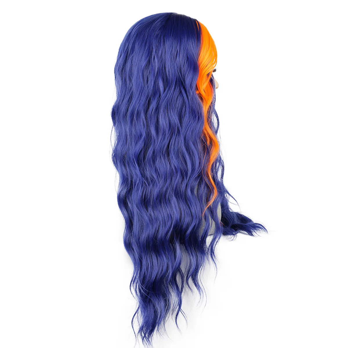 Nuova parrucca con ondulazione dell'acqua blu medio, parrucca femminile con cappuccio lungo e capelli ricci di Halloween