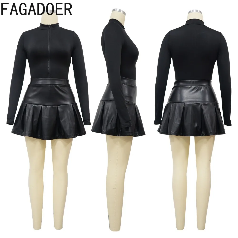 Fagadoer Fashion Pu Lederen Geplooide Rokken Tweedelige Sets Vrouwen Diepe V Lange Mouwen Top En Mini Rokken Outfits Casual 2 Stuks Pakken