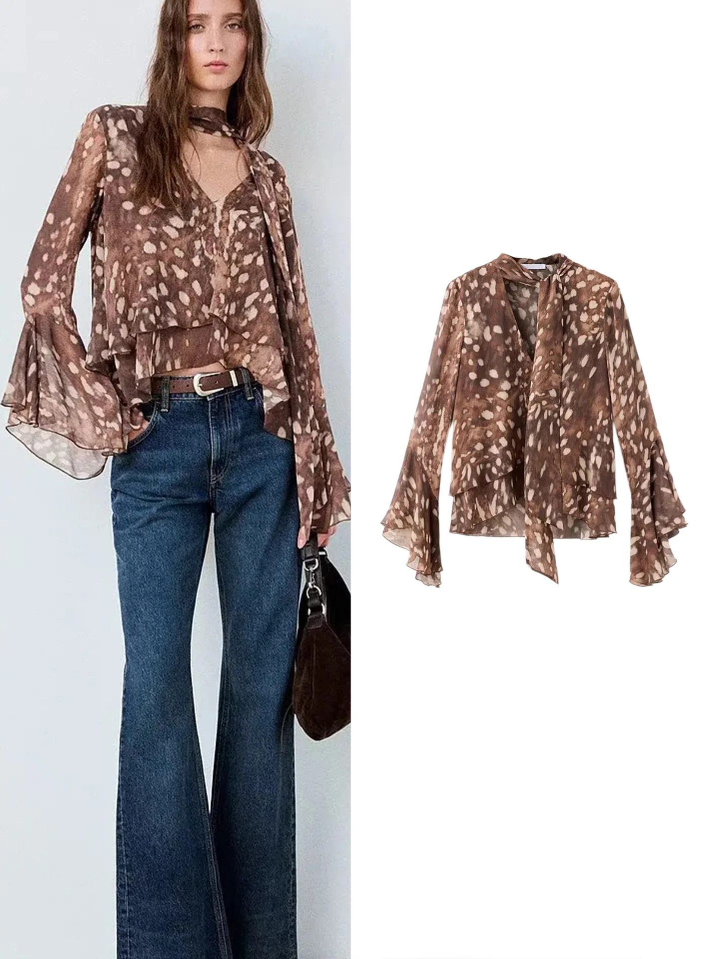 Retro Style Long Sleeve Shirt Women's New Autumn Collection Printed Scarf Collar Semi-Transparent Breathable Polyester Fiber