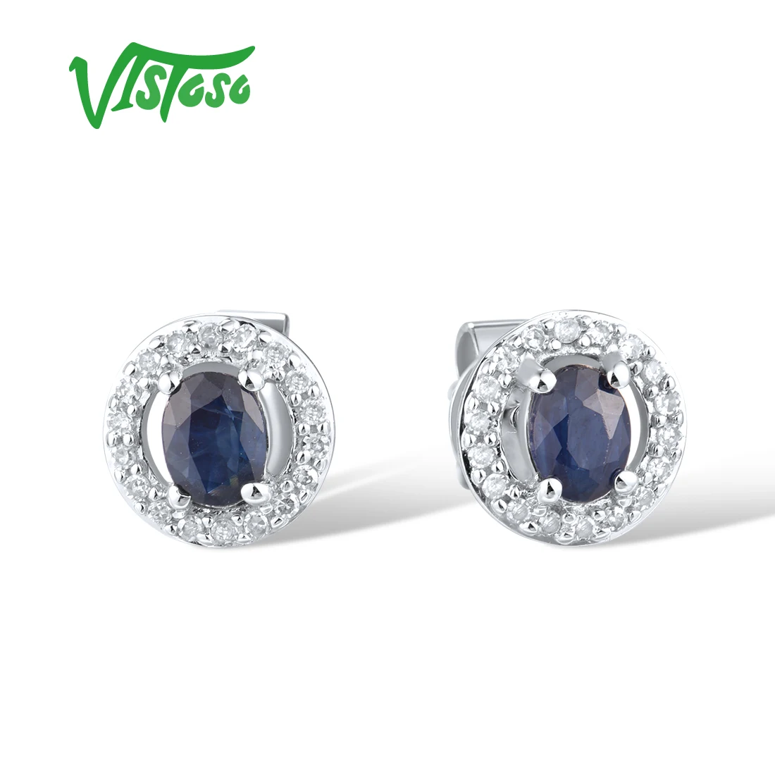 

VISTOSO Real 14K 585 White Gold Stud Earrings For Women Sparkling Diamonds Blue Sapphire Sample Round Daily Wear Fine Jewelry