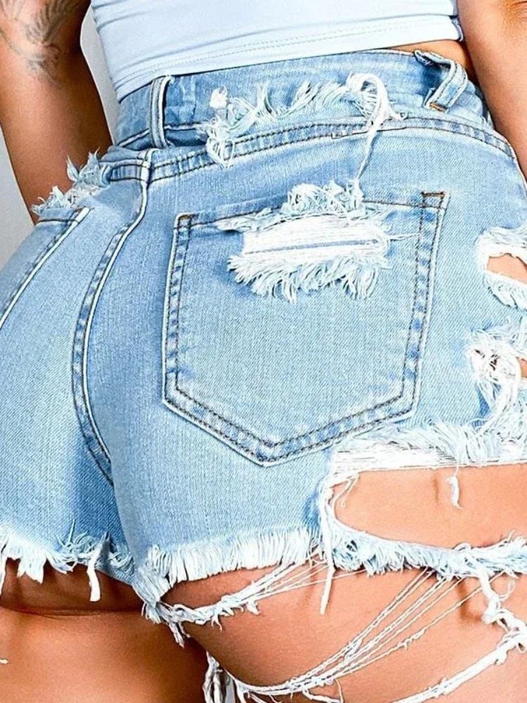 Hole Ripped Shorts Jeans Washed Distressed Denim High Waist Spliced Straight Loose Fit Pockets 2026 Vintage Casual Basics