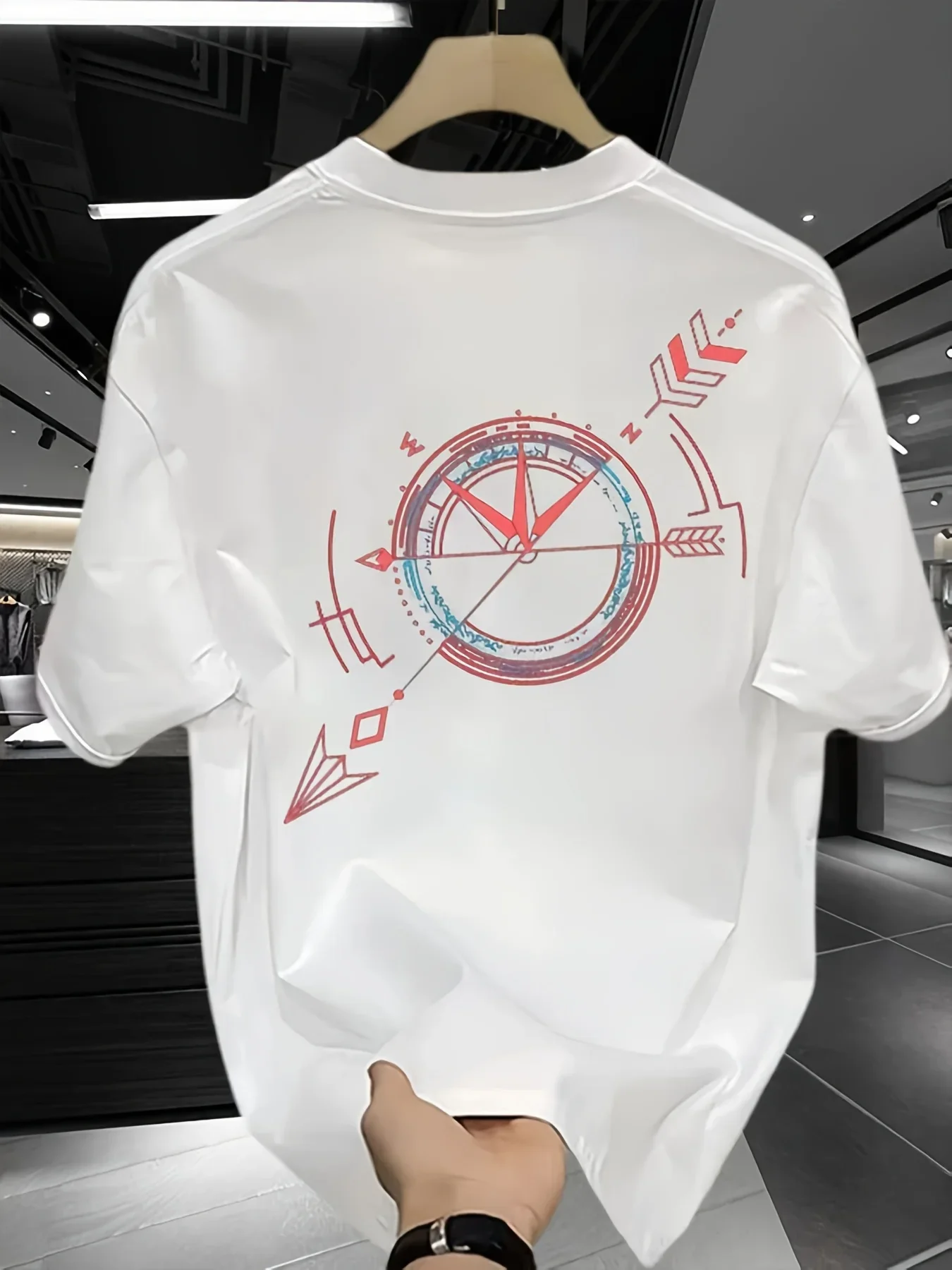 Unisex 100% Cotton Oversized T-Shirt Compass Arrow Back Print Casual Streetwear Graphic Tee