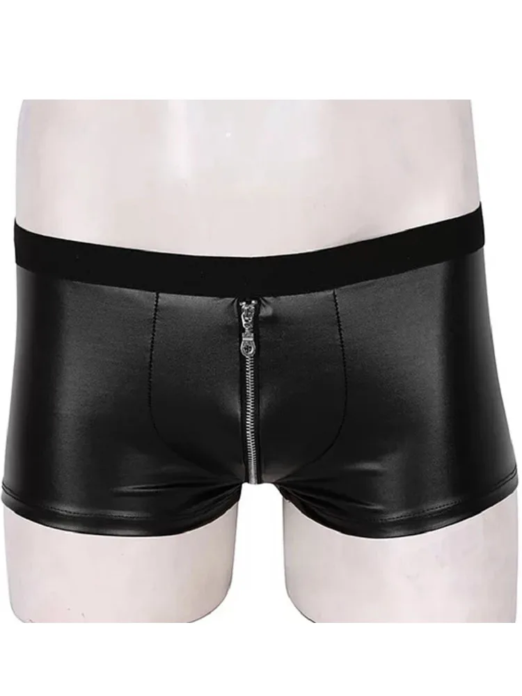 S-5XL Faux PU Leather Boxershorts Zipper Open Crotch Shorts Mens Boxer Briefs Tights Convex Pouch Calzoncillo Underwear Trunks