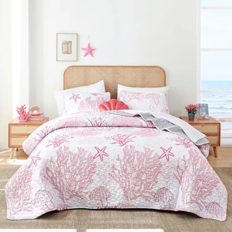 

Комплект постельного белья Coastal Quilts - летний морской комплект с пододеяльником и наволочками, двусторонний, с океанским узором, покрывало