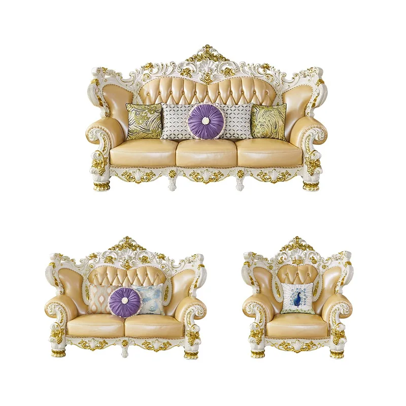 

Диван Прямые продажи с фабрики, французский европейский кожаный диван из массива дерева, двусторонний резной европейский верхний кожаный диван