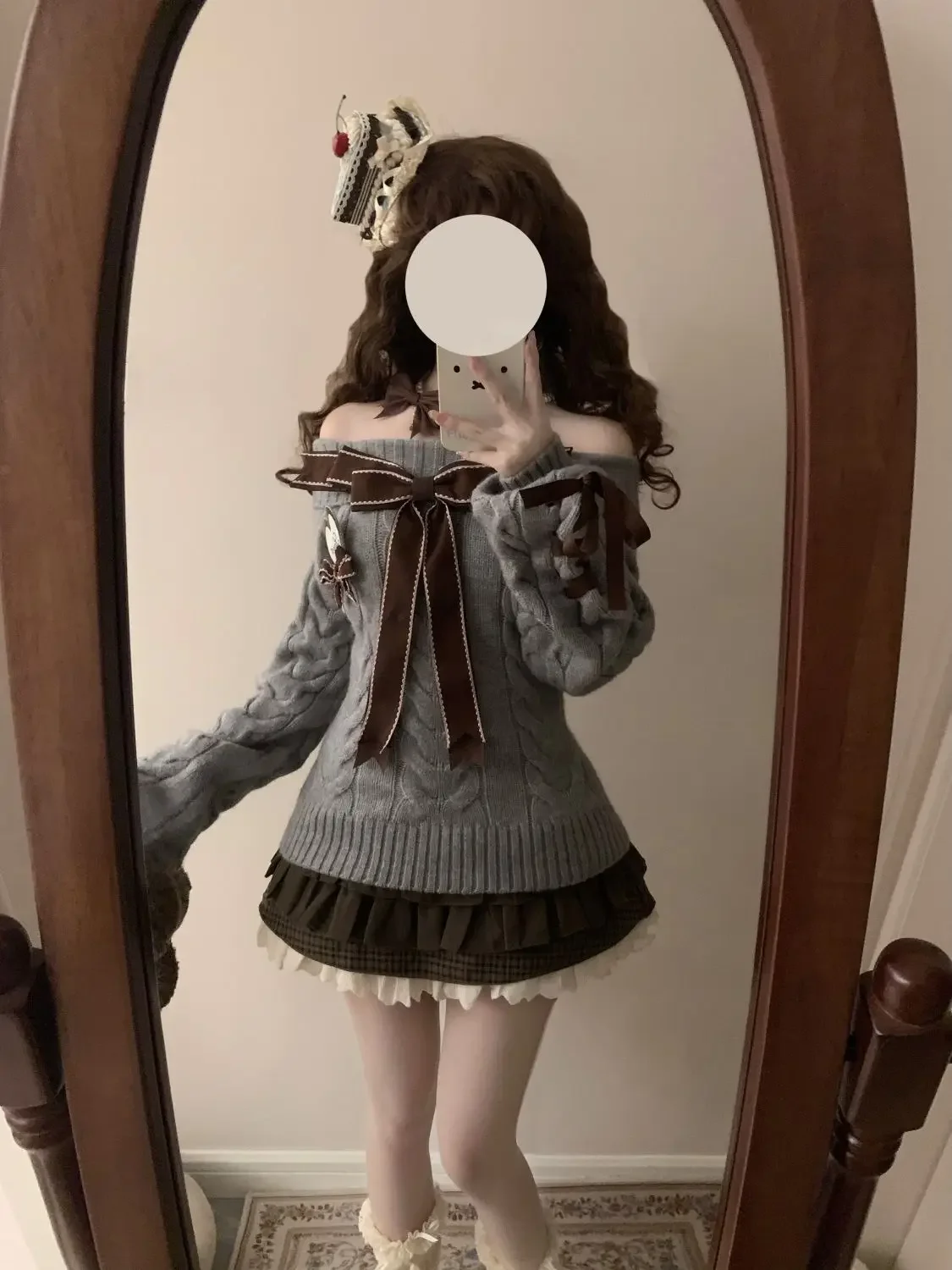 American Vintage Spice Girl Bow Bandage Off Shoulder Long Sleeved Knitted Sweater + Flounce Skirt + Simple Shirt Women 3Pcs Sets