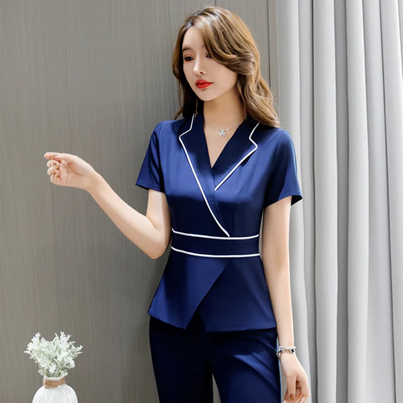 Uniforme de esteticienne para salón de belleza, ropa de trabajo de masaje, vestidos de trabajo de terapia de pies para mujeres, traje de uniforme de esteticista azul