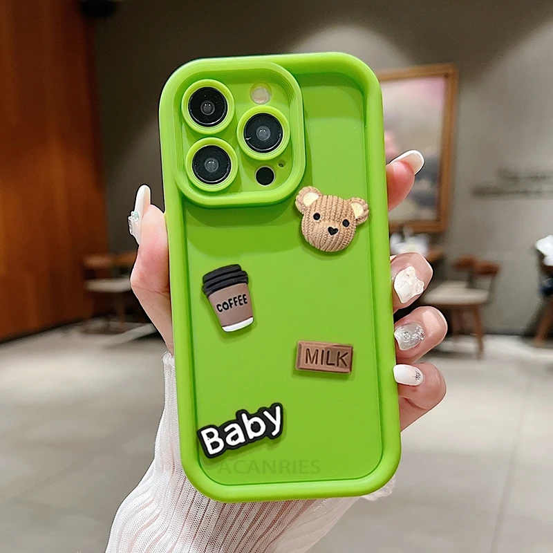 Cute 3D Bear Coffee Cartoon Silicone Case For Iphone 15 12 11 13 14 Pro Max 7 8 Plus X Xs Xr 15pro 14pro 15plus Soft Matte Cover