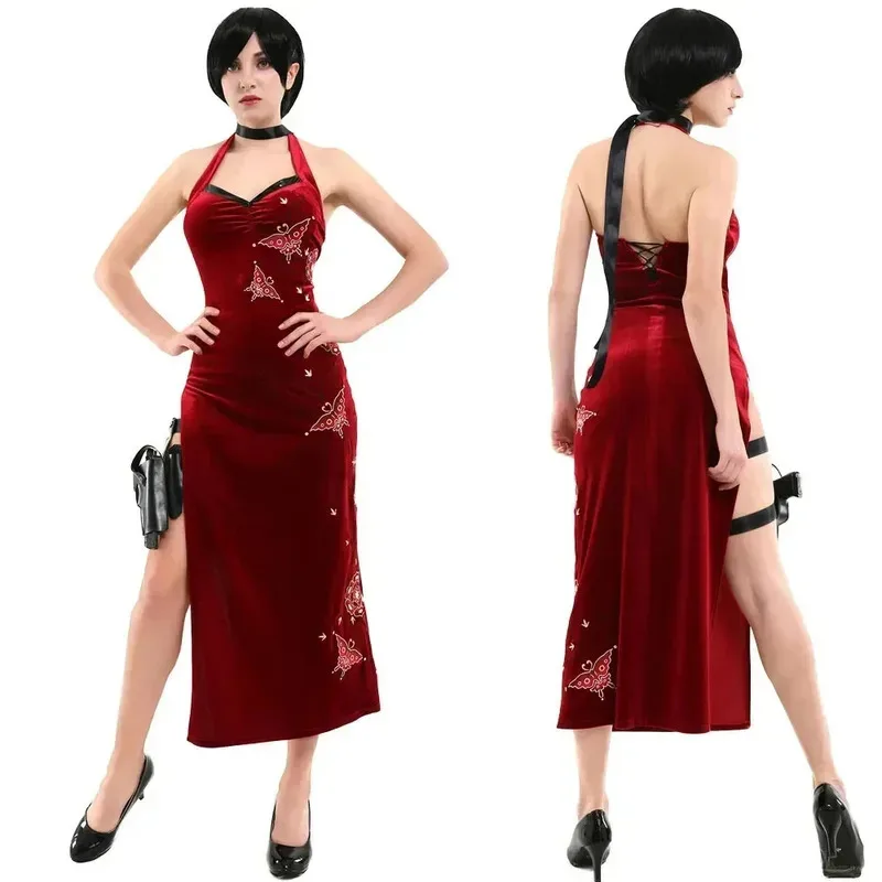 

Anime Game Ada Wong Cosplay Costume Women Red Sexy Sleeveless Split Dress Combat Uniform With Leg Bag Halloween Carnival Clothes