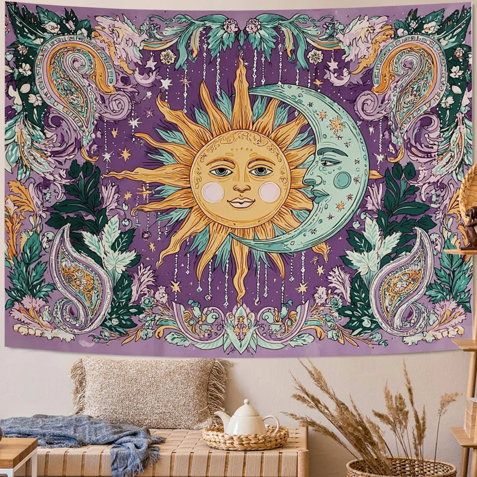 VIKAMA Bohemian Purple Tone Sun Moon God Tapestry Vintage Paisley Pattern Sun Moon Retro Style Vintage Decor Bohemian