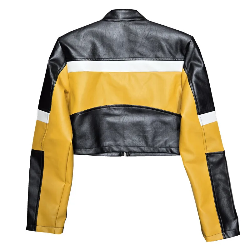 HKSH Spring Autumn New Women Short Leather Jacket Contrast Color Patchwork Moto Biker Zipper Baseball Coat Tide Tops Ins HK12773