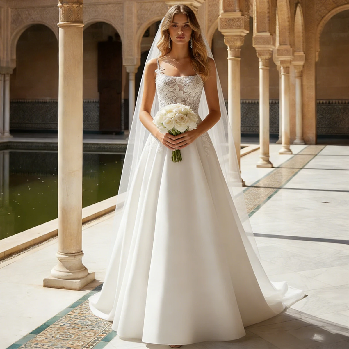 

Luxury Lace Wedding Dress Romantic Train Illusion Top Hand Beaded Long Bridal Gown for Party Elegant White Wedding Dress