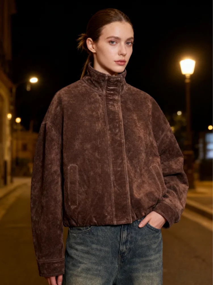 Suede Women's Jacket Coat Stand-Up Collar Zipper Pockets Long Sleeve Female Coat Vintage Autumn Street Loose Outerwear Ladies