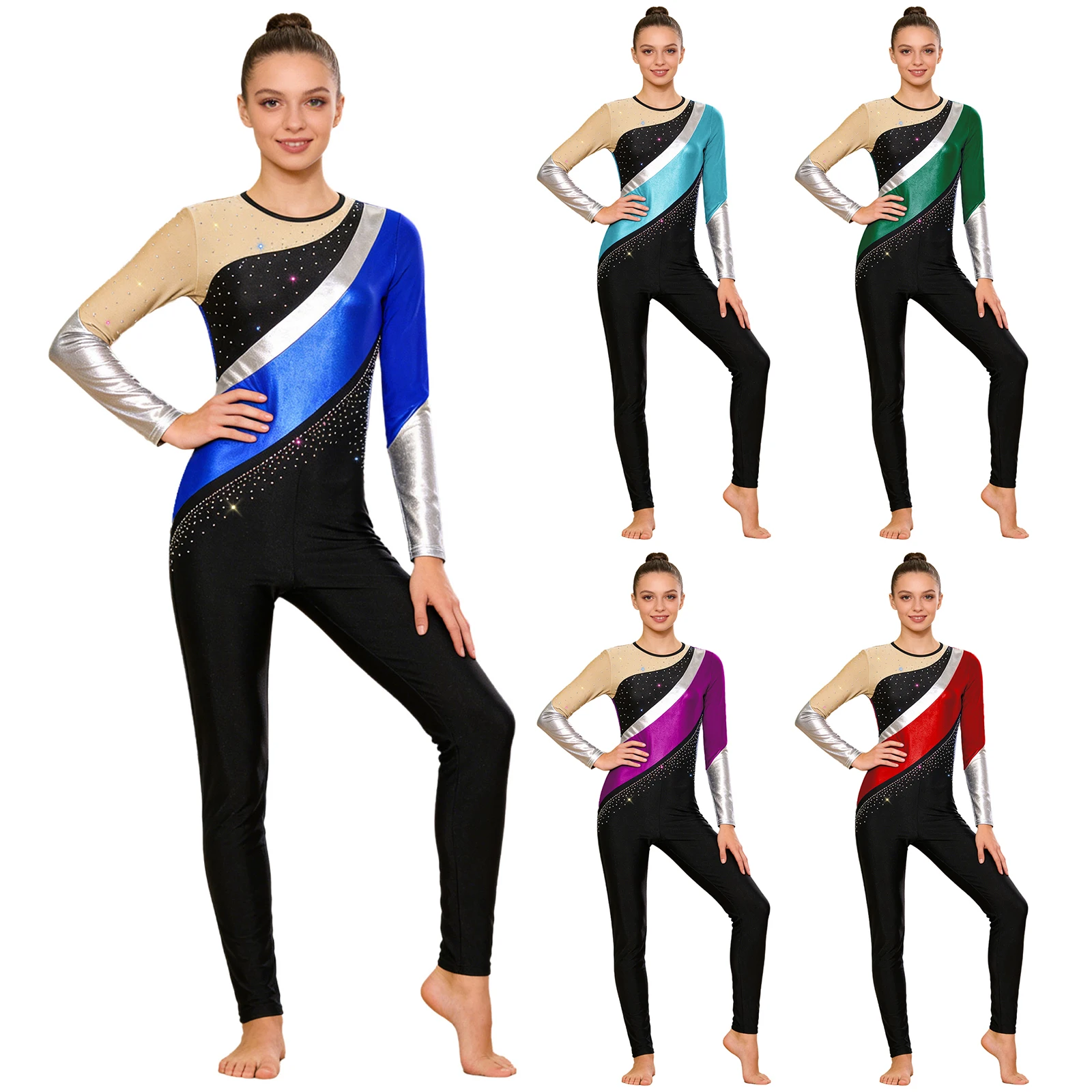 Women Ballet Dance Leotard Gymnastics Figure Skating Acrobatics Unitard Metallic Rhinestone Mesh Long Sleeve Jumpsuit Dancewaer