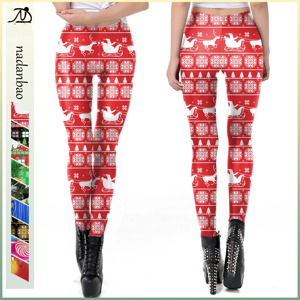 Nadanbao Merry Christmas Funny Leggings Women Red Funny Elastic Tights Trousers Female Snowflakes Print Long Pants