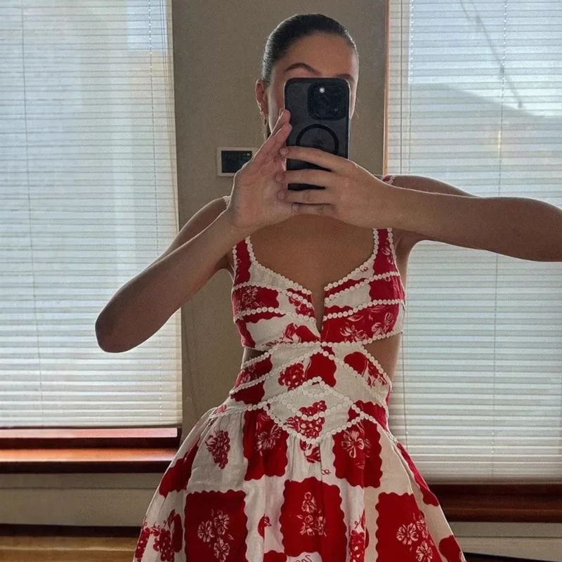 Summer American Suspenders Women's Dress Retro Fashion Red V-neck Printed Lace Dress Boho Style Waist Hollow A-line Short Skirt