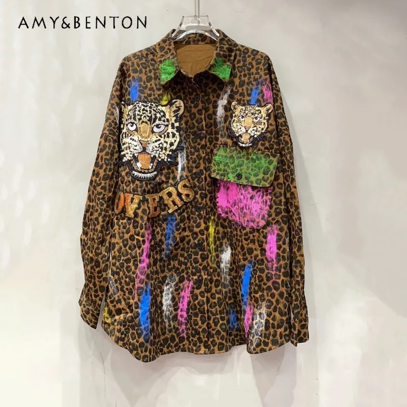 

2024 Autumn New Cartoon Graffiti Leopard Print Blusas Women's Medium And Long Loose Thin Shirt Jacket Single-breasted Top Blouse