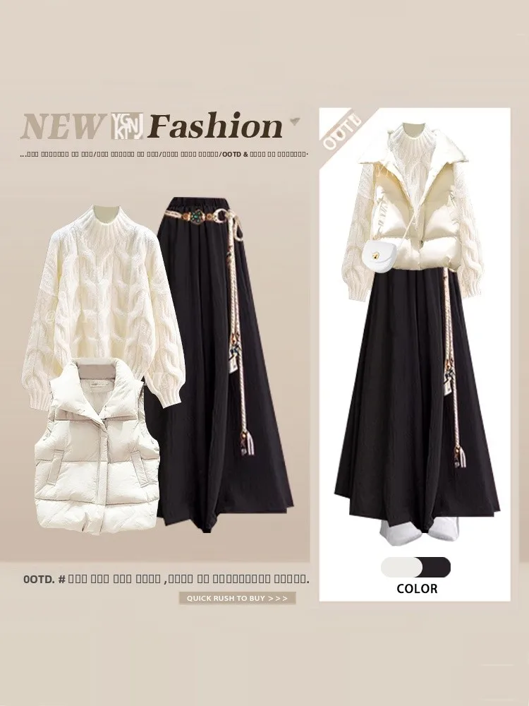 

Корейский комплект: свободный универсальный хлопковый жилет, вязаный свитер, брюки с высокой талией и широкими штанинами, футболка. Зимний женский модный комплект.