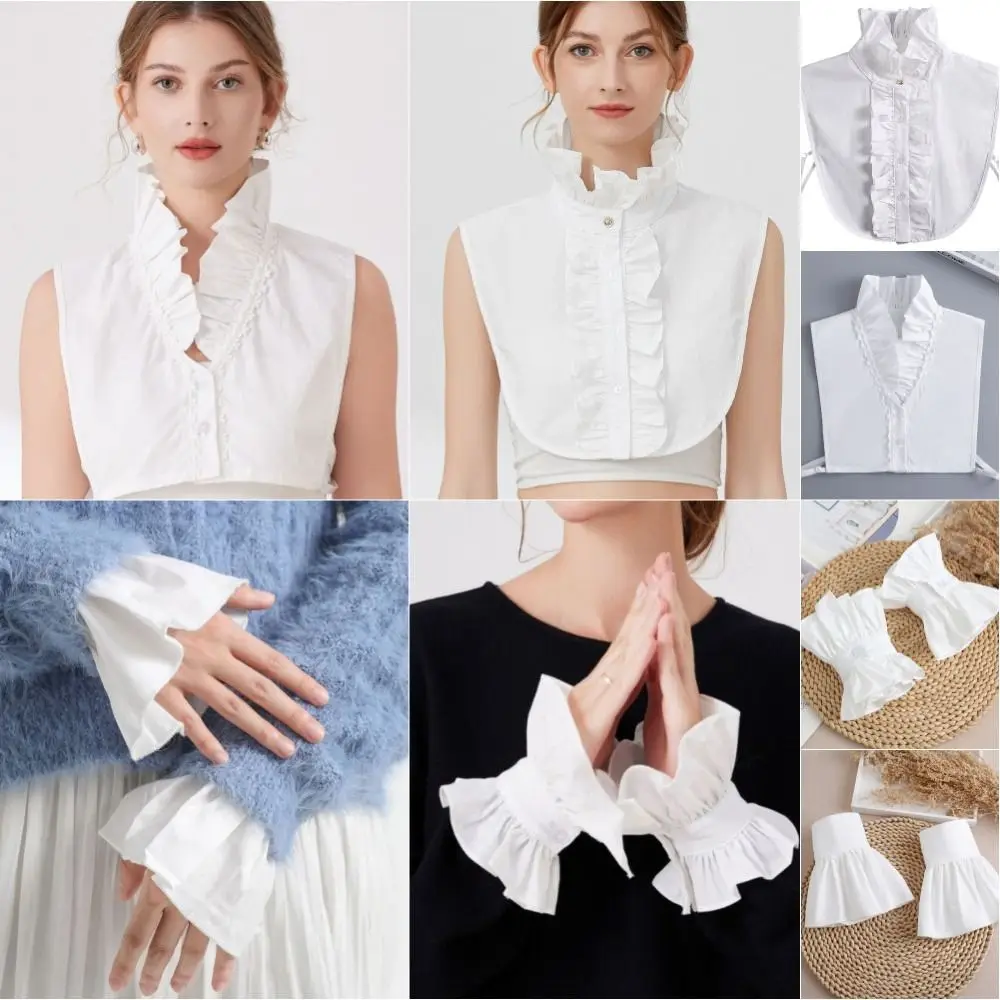 Simple White Detachable Fake Collar Ruffle V-shaped Lace Lapel Half Shirt Korean Style Hollow Out Fake Sleeve Clothes Decoration
