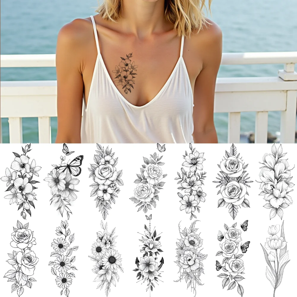 

9pcs Temporary Tattoo Butterfly Waterproof Long-lasting Body Stickers Sunflower Orchid Temporary Tattoo Stickers Rose For