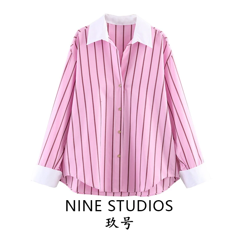 

NINE ZAR Women's Loose Long Sleeve Shirt Collar Color Block Cuff Striped Top Breathable Polyester Fiber European Style Spring...