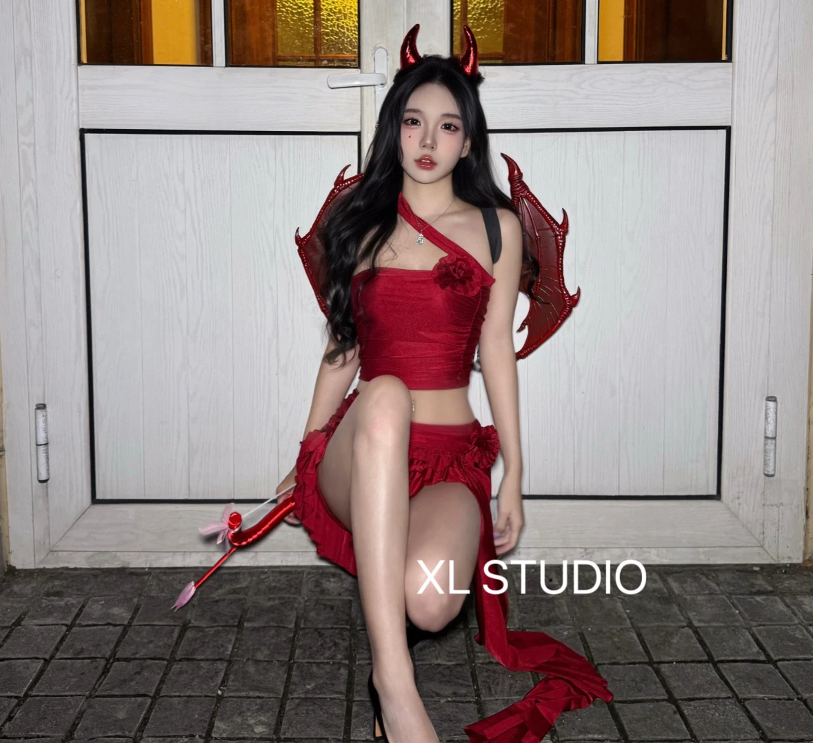 

Sexy Club Dr High Waist Bandage Skirt Set ort Flowered Hollow out Cosplay loween Red Two-Piece Women's Faion