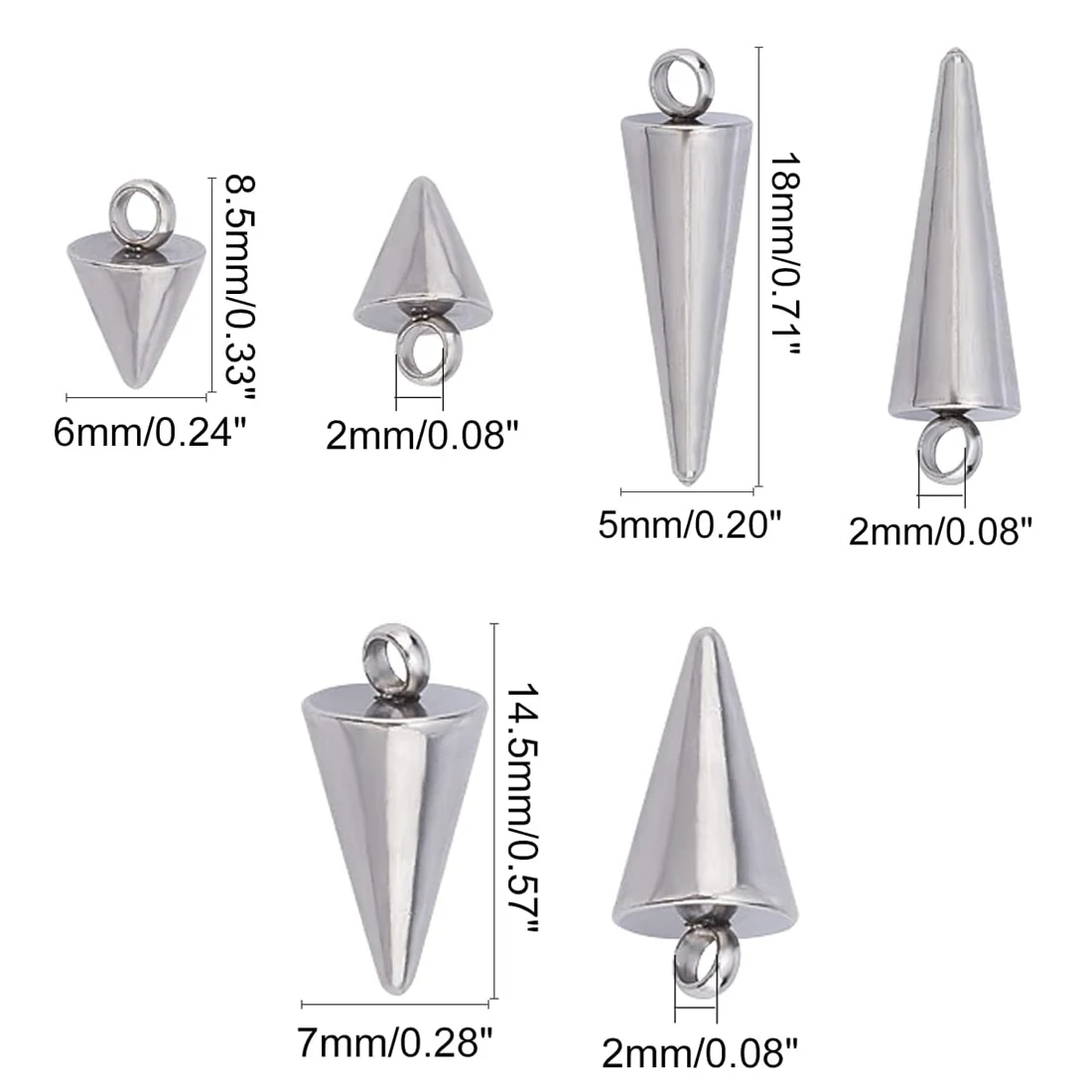 10Pcs Stainless Steel Cone Pendants Hypoallergenic Silver Color Spike Beads Punk Dangle Earrings Bracelet Charms for DIY Jewelry