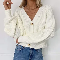 Women'S Autumn And Winter Long Sleeve Classic Casual Style Hollow V-neck Solid Color Button Cardigan Sweatshirt Cardigan Women