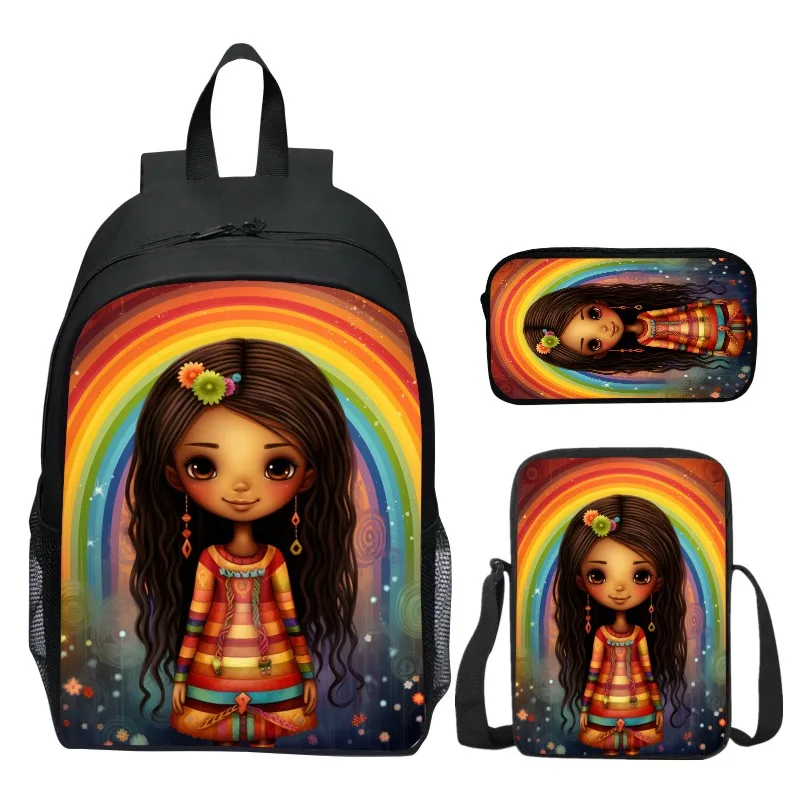 3 Pieces/set of Digital Printed Cute African Girl School Bags for Children's , Youth Student Shoulder Bag, Kids Girl Backpack