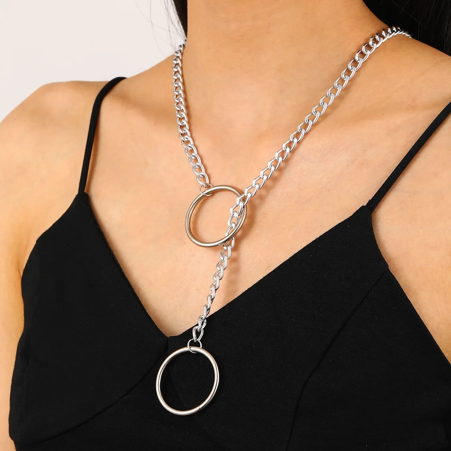 Heart Cat O-ring Slip Chain Necklace for Women Silver Color Punk Rock Long Tassel Y Shaped Collar Jewelry Adjustable Neck Chains