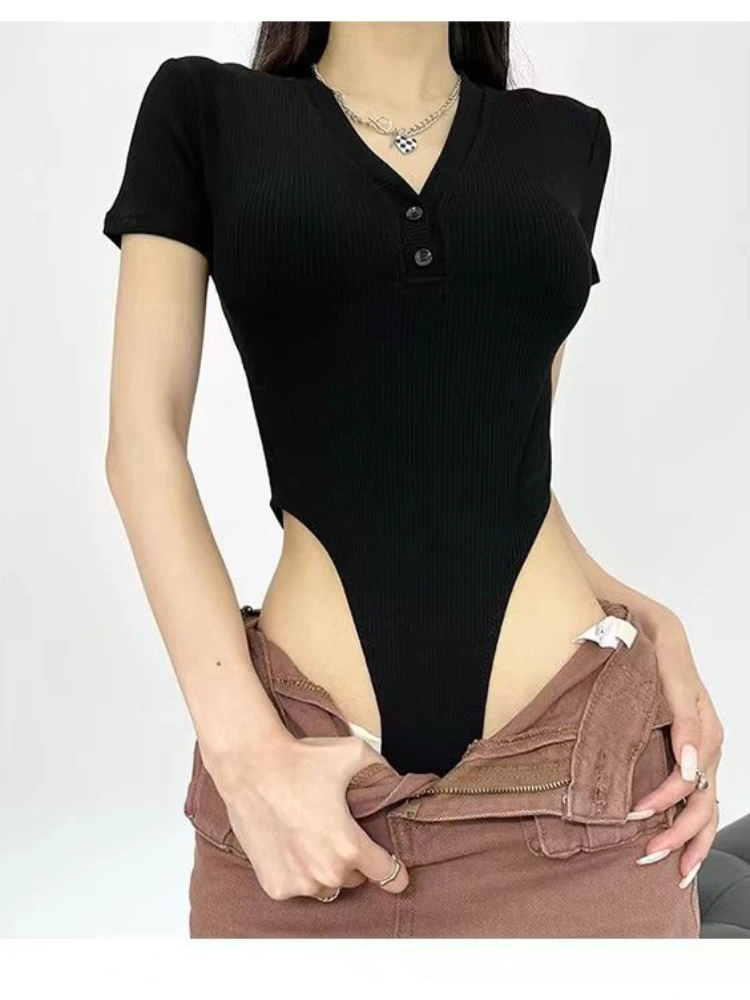 

European/American style women's black V-neck low cut jumpsuit T-shirt Y2K retro slim fit short sleeved fashion tops emo