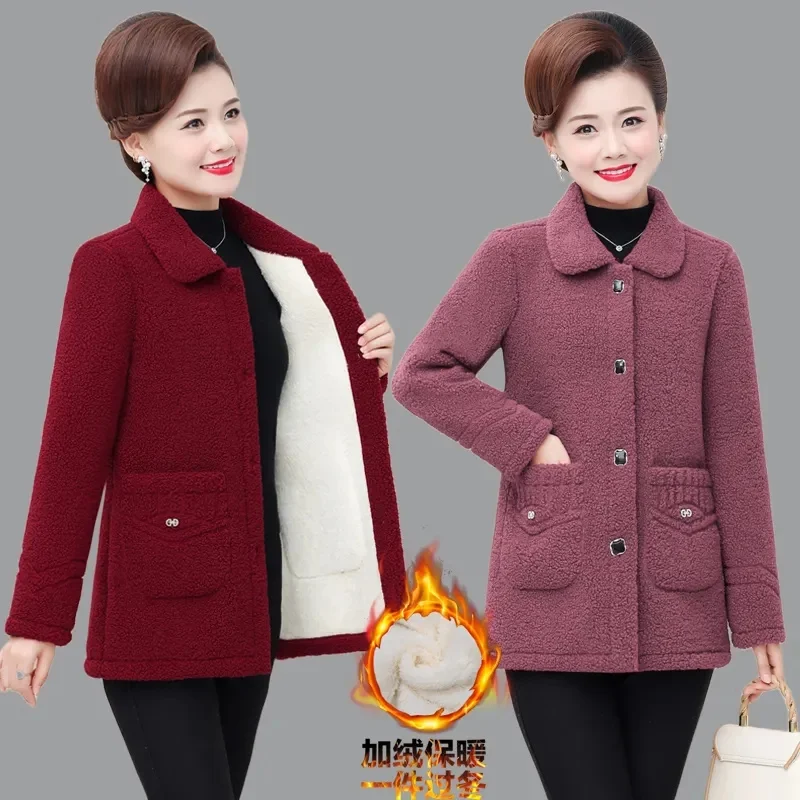 Middle Aged Women Lamb Wool Jacket 2023 New Winter Jacket Velvet Warm Cotton Clothes Parkas Female Grain Velvet Coats Outerwear