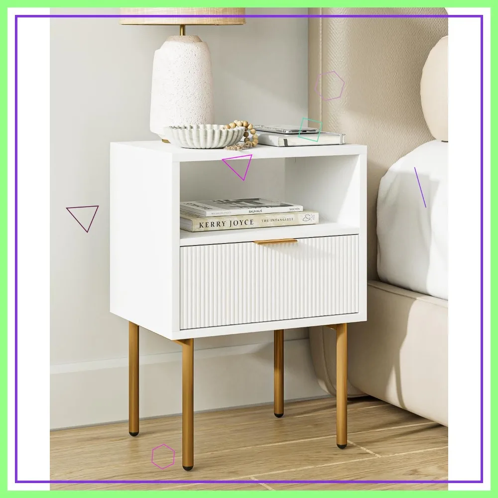 

Modern White Nightstand with Gold Frame, 1 Drawer & Open Shelf for Bedroom, Living Room, Slim Spaces