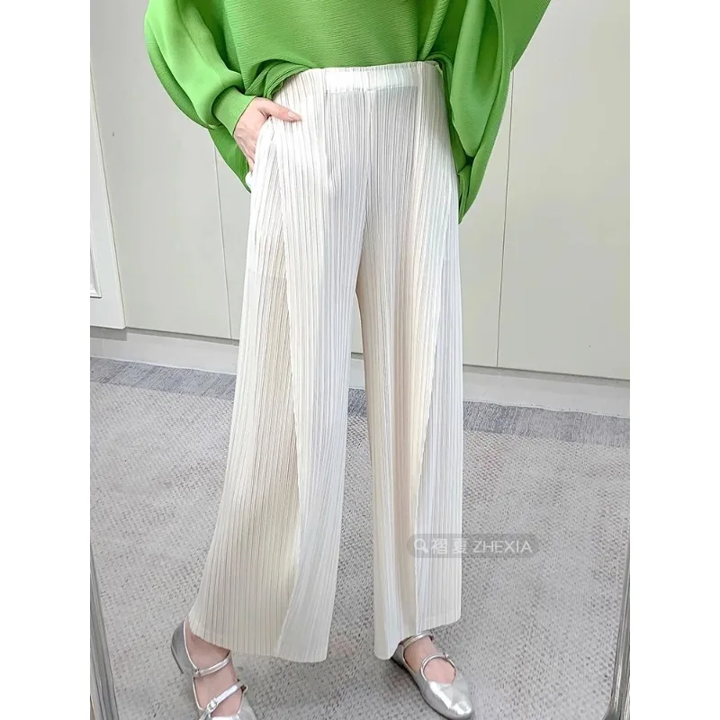 Miyake Pleated Women's Wide Leg Pants, Fashionable Designer Style with Buttons on Both Sides and Straight Leg Casual Pants