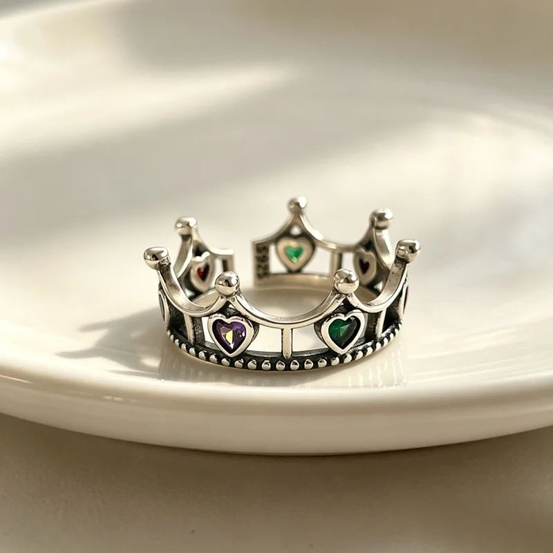 Vintage Thai Silver Hollowed Out Crown 925 Sterling Silver Fine Resizable Opening Ring For Women Fine Luxury Jewelry RI1414