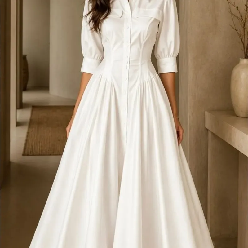 Elegantes Weißes Kleid mit Revers für Damen Herbstmode Langarm-Kleid mit Taschen Lässiges Knopfkleid mit Hoher Taille Plissiertes Festtagskleid