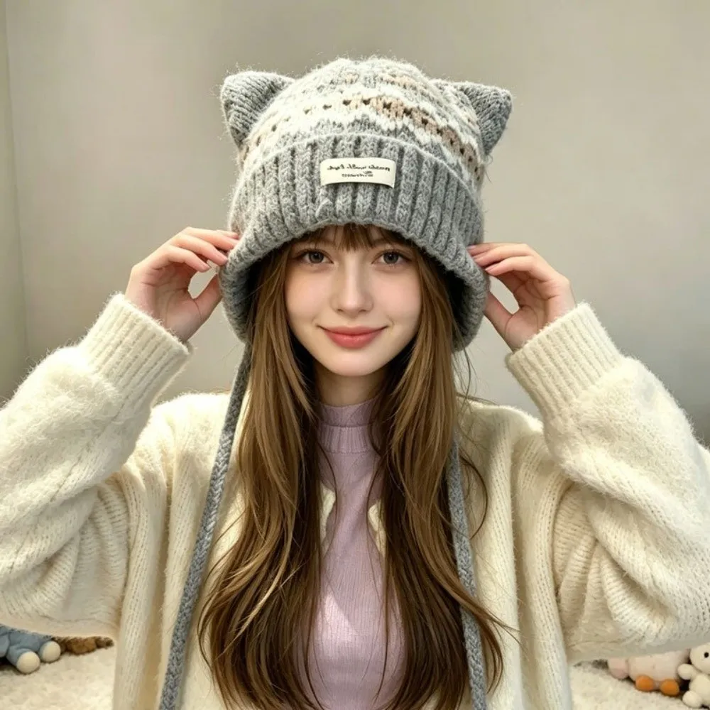 Fashion Cat Ear Knitted Woolen Cap Windproof Thickened Strap Beanie Hat Keep Warm Fell Island Style Ear Protection Cap Winter