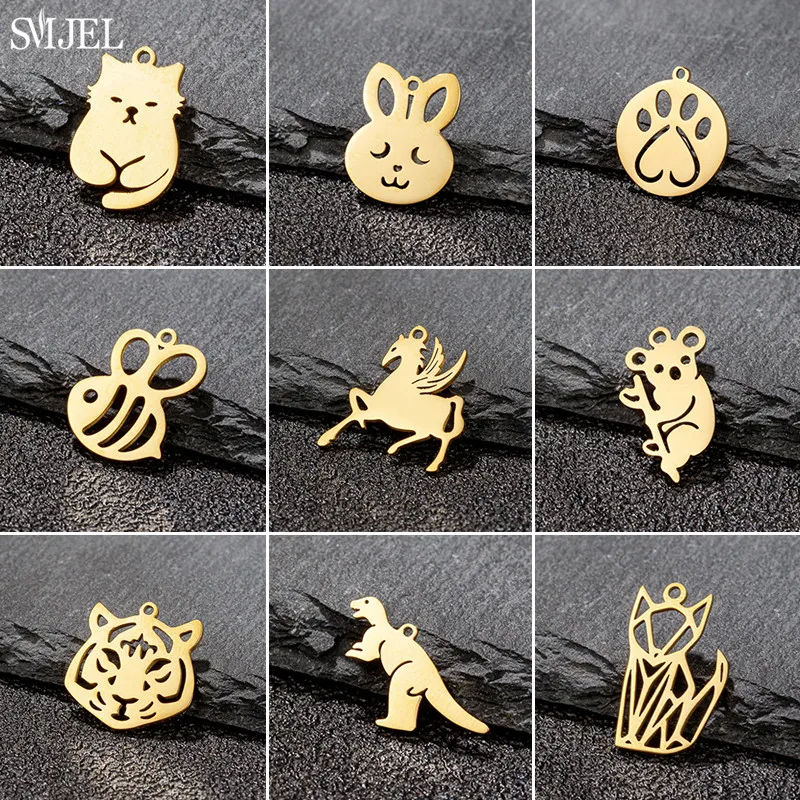 5pcs Origami Animal Stainless Steel Charms Fit Jewelry Making Small Cat Tiger Bee Horse Pendants Accessories Diy Craft Supplies