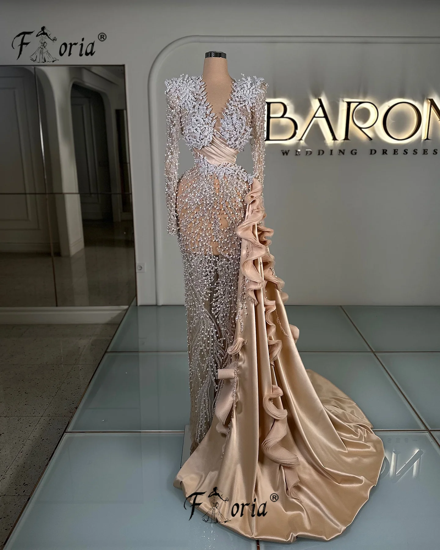 

Luxury Champagne Dubai Women Celebrity Party Dress Pearls 3D Appliques Mermaid Wedding Event Gown Beads Vestidos de gala 2026