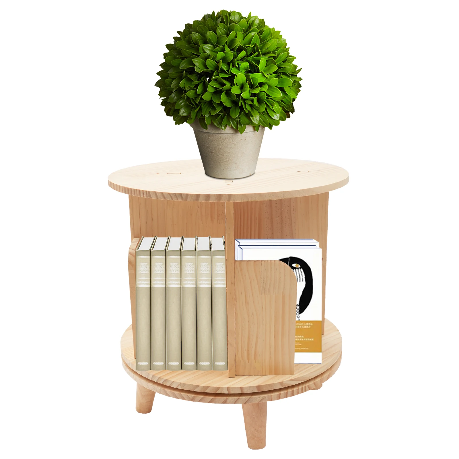

New Zealand Pine Wood Revolving Bookstand, 4 Compartments, 110lbs Load-bearing, Space-saving Design for Efficient Storage and Di