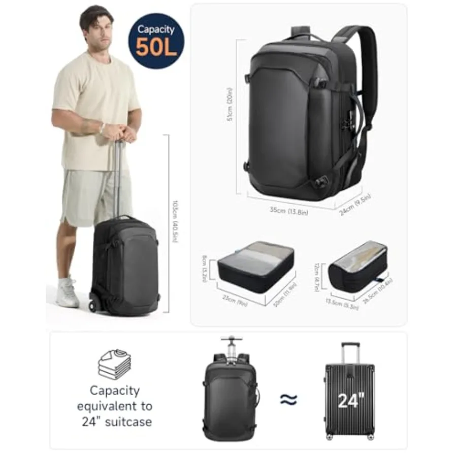 Mochila para laptop rolante 2 em 1, mochila de mão com rodas, resistente à água, mala de mão com 2 cubos de embalagem TSA grande T