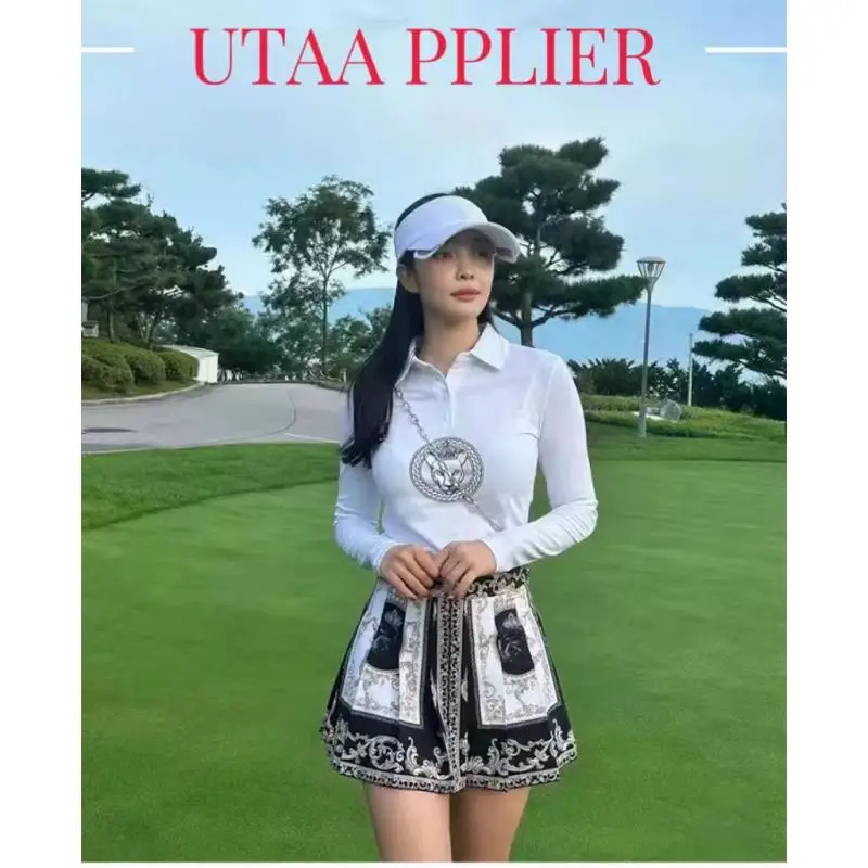 2025 Spring And Autumn New Golf Women's Long-sleeved T-shirt Fashion Lapel Simple Printed Golf Top