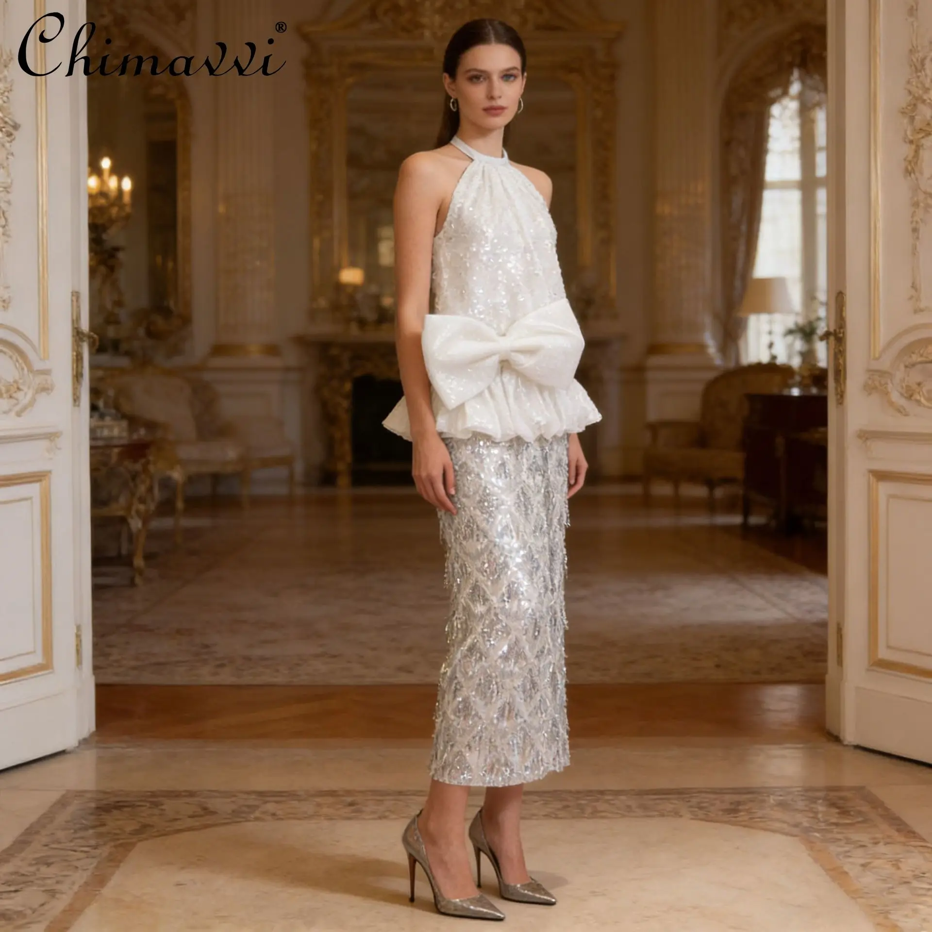 

French Style Elegant Light Luxury Celebrity Halter Neck 3D Bow Ruffled Top Sequined High Waist Long Skirt Two-piece Sets Women