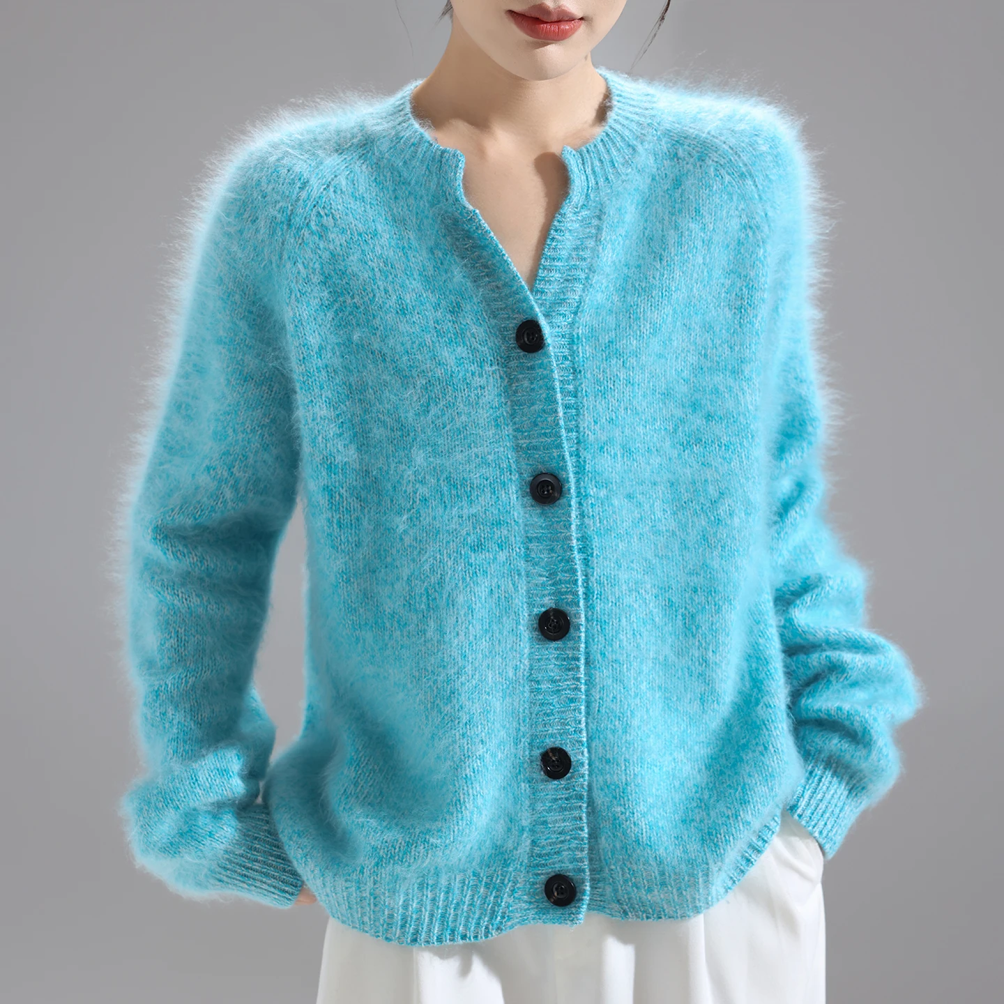 100% Wool Cardigan Round Neck Knit For Women Fluffy Angora Sweater Winter Oversize Cashmere Top Coat 2025 New - Detail 1