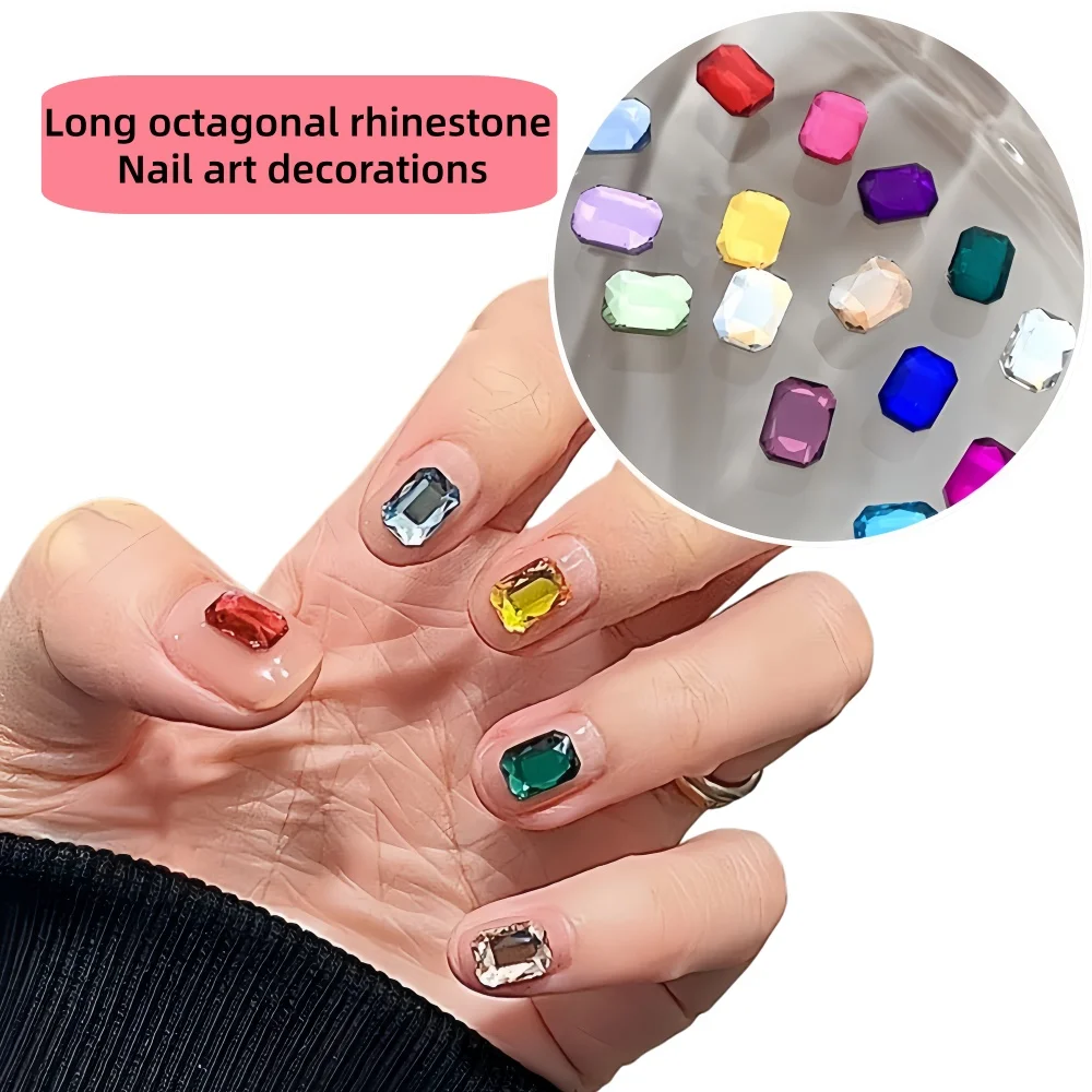 10Pcs Large 6x8mm Octagon Flatback Nail Rhinestones – Colorful Sparkly Crystal Gems for DIY Nail Art Decor