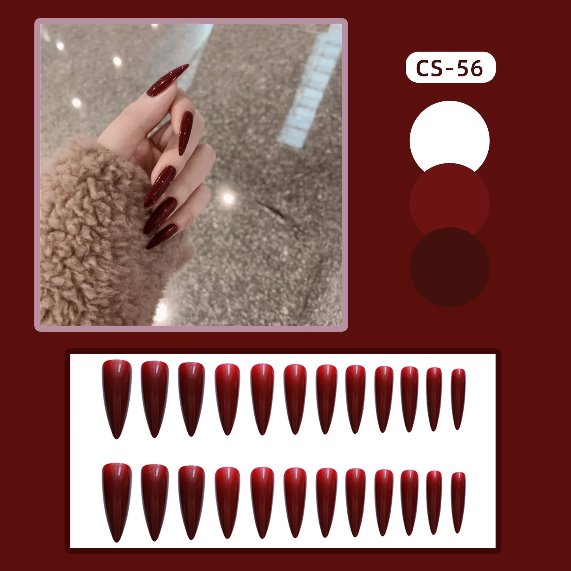 24pcs/set Stiletto Extra Long Pointed Head Glossy Press on Nails Wearable Full Cover False Nail Gradient Wine Red Fake Nail Tips