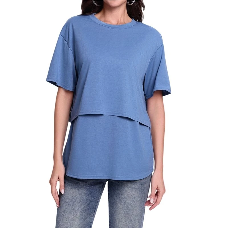 YSUN-Women's Maternity Shirts Short Sleeves Tops Double Laye Breastfeeding Tees Pregnancy Blue XL